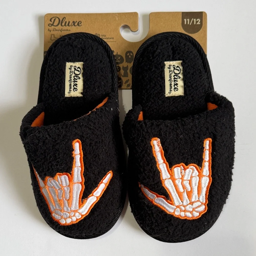 dearfoams Black Kids Slippers with Orange & White Skeleton Hand Embroidery